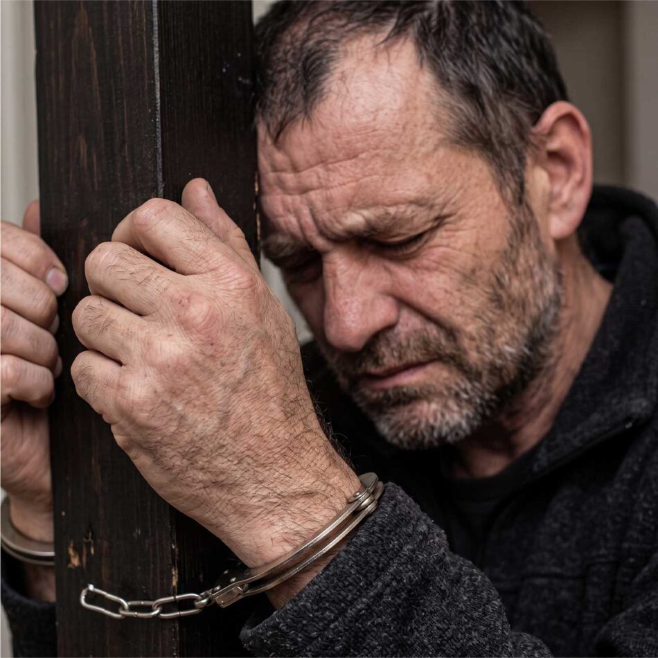 Handcuffed man awaiting an appeal bail bond in Sugar Land